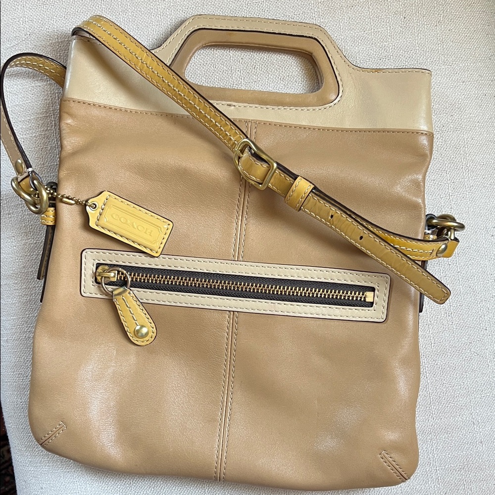 Coach Tan and Cream Leather Crossbody with Yellow Strap Accents
